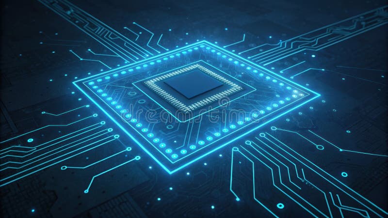 Cpu processing data on motherboard with futuristic blue lights stock photo