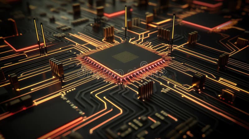Cpu processing data on motherboard with futuristic orange circuits vector illustration