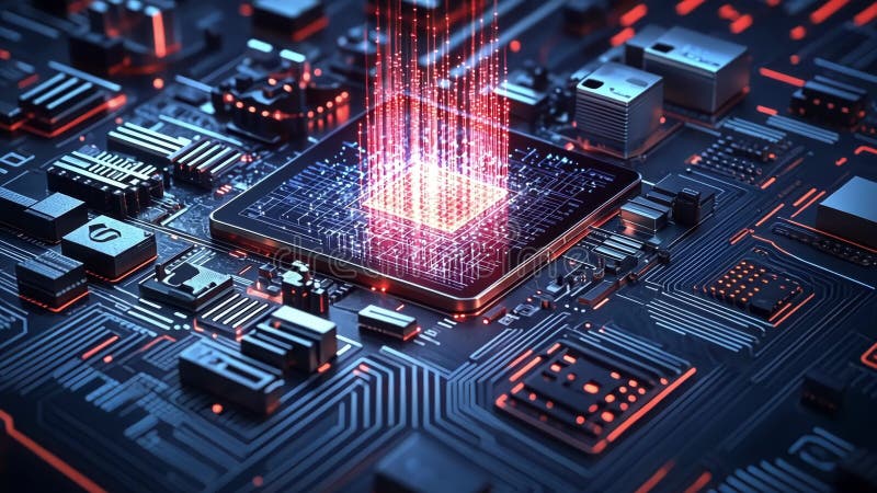 Cpu processing data stream on motherboard, futuristic technology stock illustration