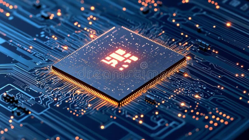Cpu processing 5g signal on motherboard, futuristic technology royalty free illustration