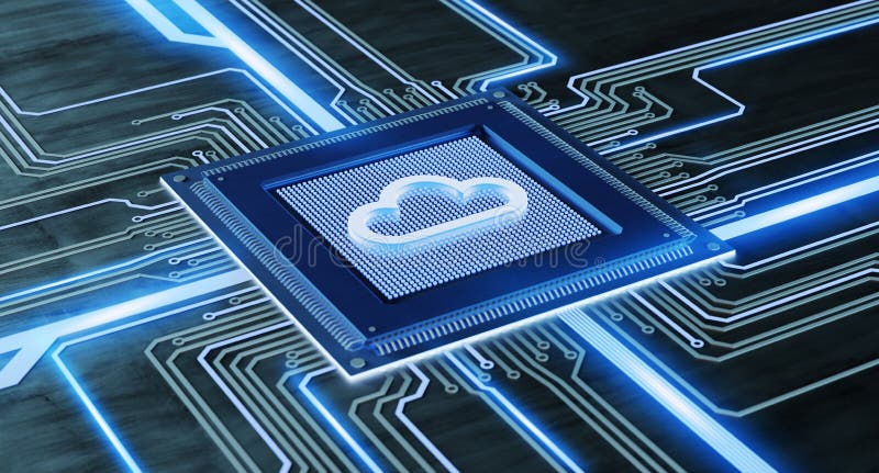 CPU processor chip with a cloud and network connection on a circuit board - 3d render vector illustration