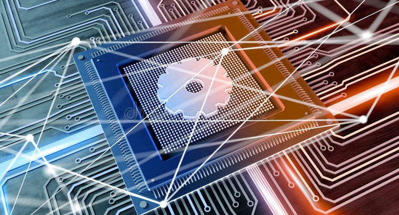 CPU processor chip with a gear and network connection on a circuit board - 3d render vector illustration