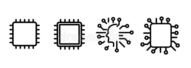CPU processor or semiconductor chip circuit icon set collection line outline black on white background computer vector illustration