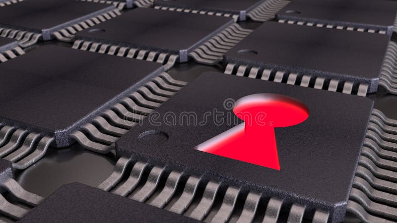CPUS and a glowing red keyhole backdoor cybersecurity of internet of things concept royalty free illustration