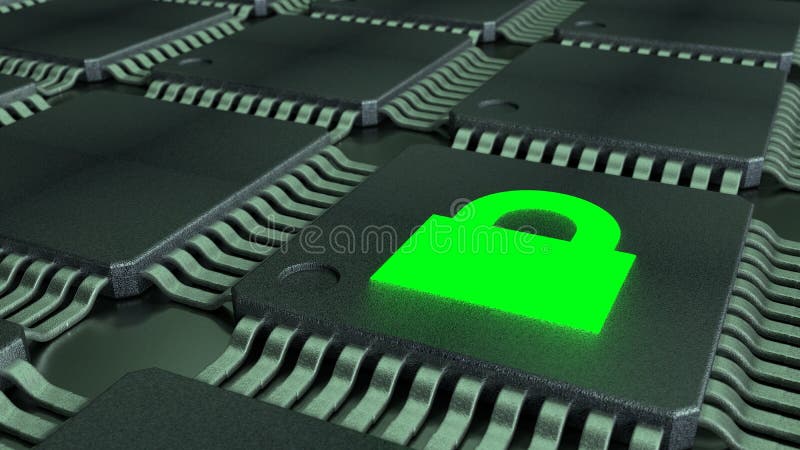 CPUS and a green padlock symbol glowing cybersecurity of internet of things concept royalty free illustration