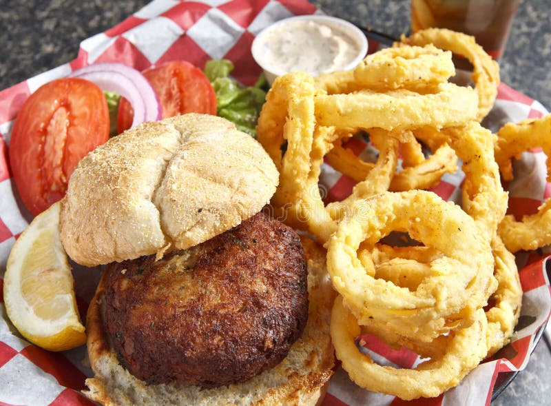 Crab Cake Sandwich with Onion Rings Stock Photo Image of eating
