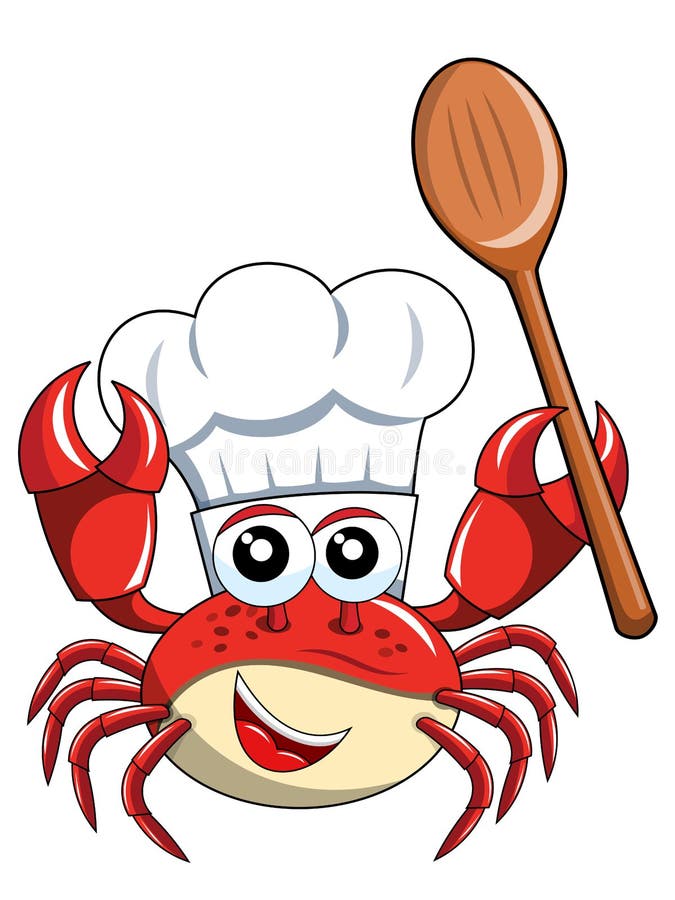 Crab chef mascot empty wooden spoon isolated