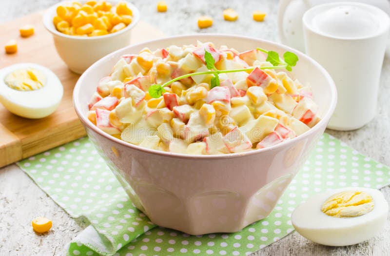 Crab salad with corn, eggs and mayonnaise royalty free stock photos Crab salad with corn, eggs and mayonnaise royalty free stock photos