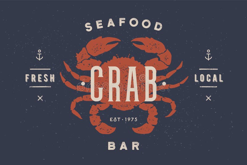 Crab, seafood. Vintage icon crab label, logo, print sticker for Meat Restaurant, butchery meat shop poster with text, typography crab, seafood. Crab silhouette. Poster, banner. Vector Illustration