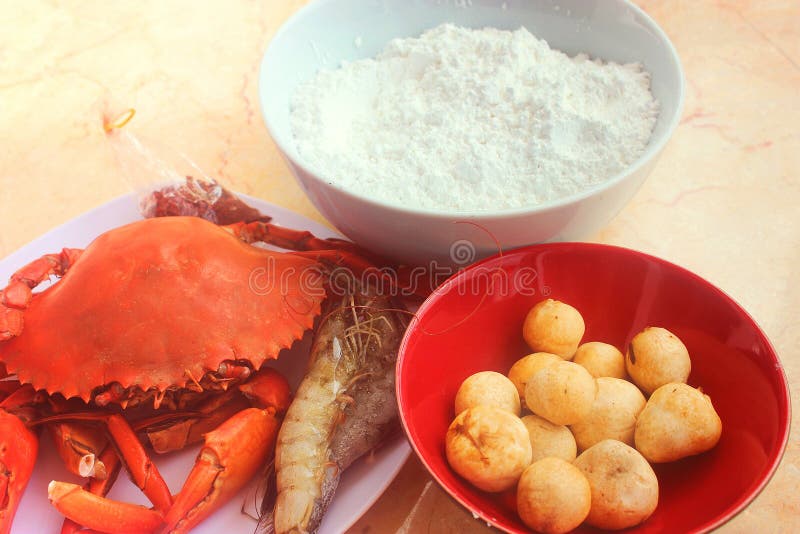 Crab, Shrimp, Fish Balls and White Powder Stock Image Image of