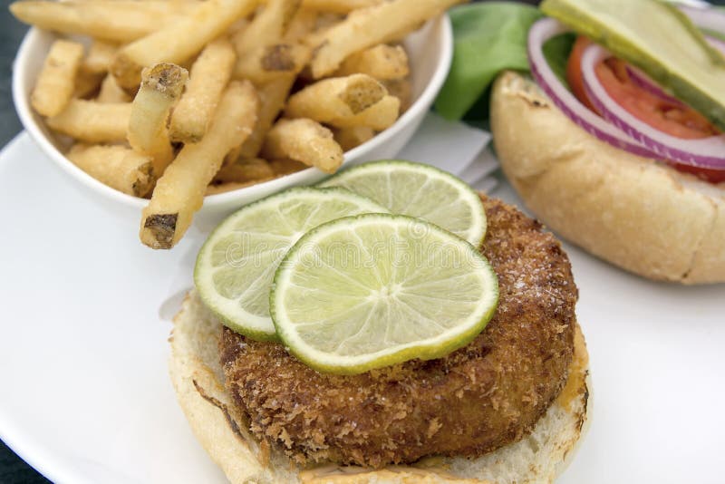 Crabcake Burger with French Fries Closeup Macro stock image