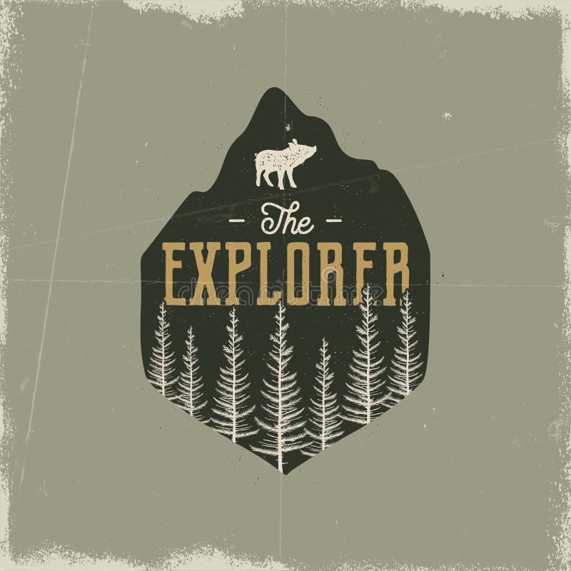 Crachá de acampamento dos animais selvagens O explorador Logo Emblema da aventura da montanha no estilo retro da silhueta Caracte ilustração stock Crachá de acampamento dos animais selvagens O explorador Logo Emblema da aventura da montanha no estilo retro da silhueta Caracte ilustração stock