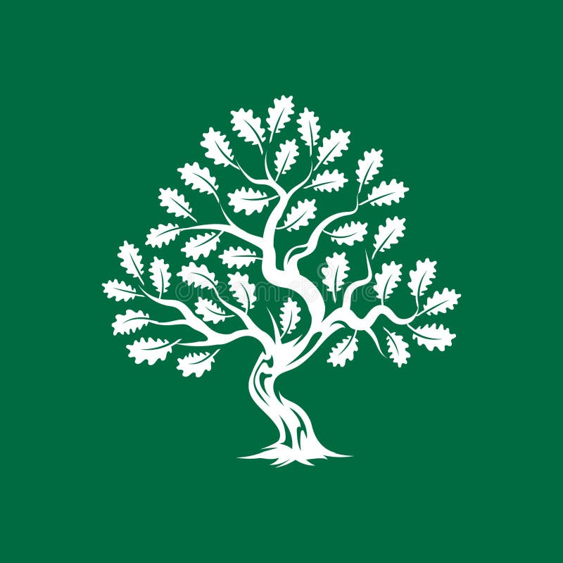 Crachá enorme e sagrado do logotipo da silhueta do carvalho isolado no fundo verde ilustração stock Crachá enorme e sagrado do logotipo da silhueta do carvalho isolado no fundo verde ilustração stock