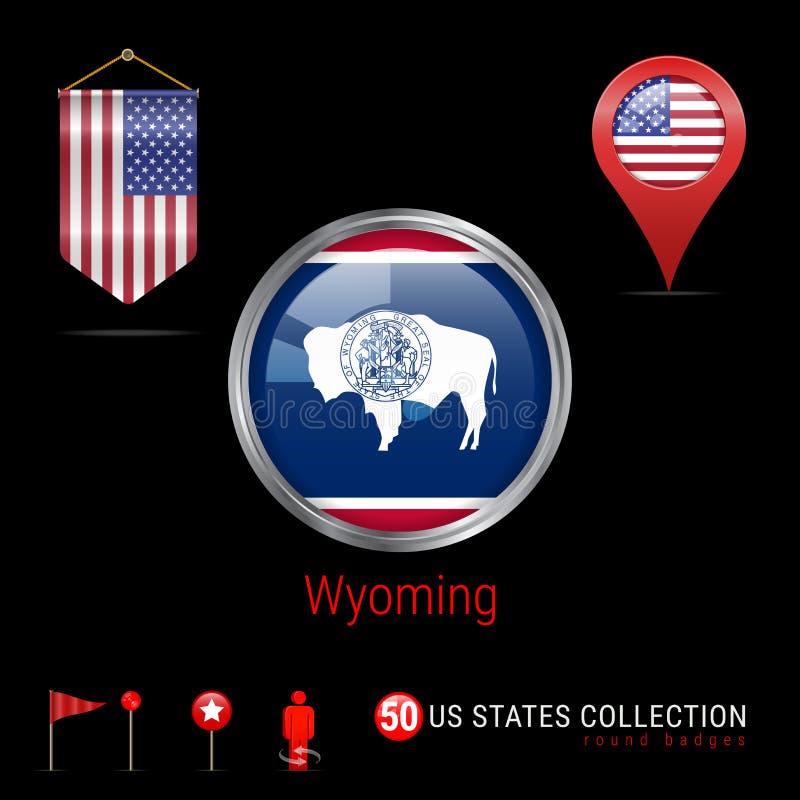 Crachá redondo do vetor de Chrome com a bandeira do estado de Wyoming E.U. Bandeira da flâmula dos EUA Ponteiro do mapa - EUA Íco ilustração royalty free Crachá redondo do vetor de Chrome com a bandeira do estado de Wyoming E.U. Bandeira da flâmula dos EUA Ponteiro do mapa - EUA Íco ilustração royalty free