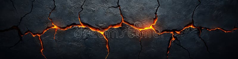 Cracked Earth Surface Glühen Orange Lava Sichtbar durch Cracks Dunkelgrau Umgebung Felsen stock abbildung