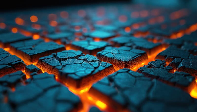 Cracked glowing keyboard close-up. Broken keys illuminated with orange, blue light. Abstract design tech failure, computer stock photography