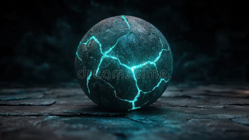 Cracked glowing sphere on dark surface royalty free illustration