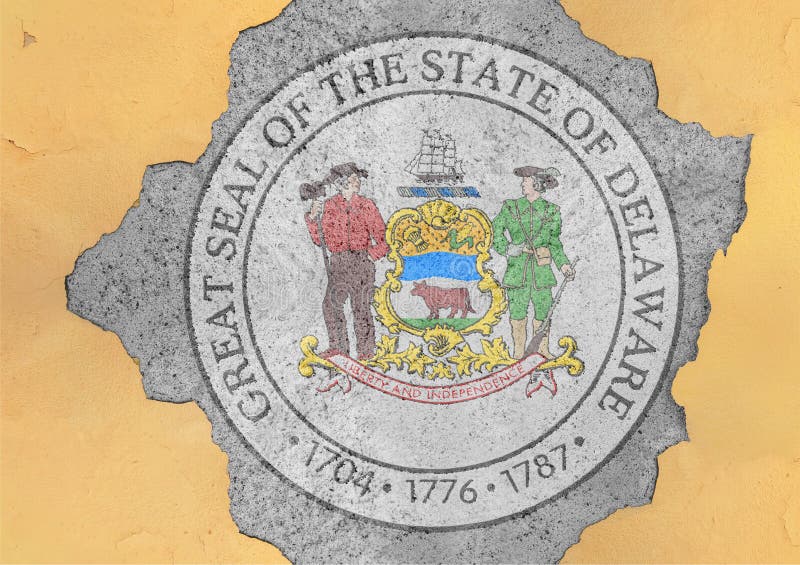 Cracked hole with US state Delaware seal flag abstract in facade stock photography Cracked hole with US state Delaware seal flag abstract in facade stock photography