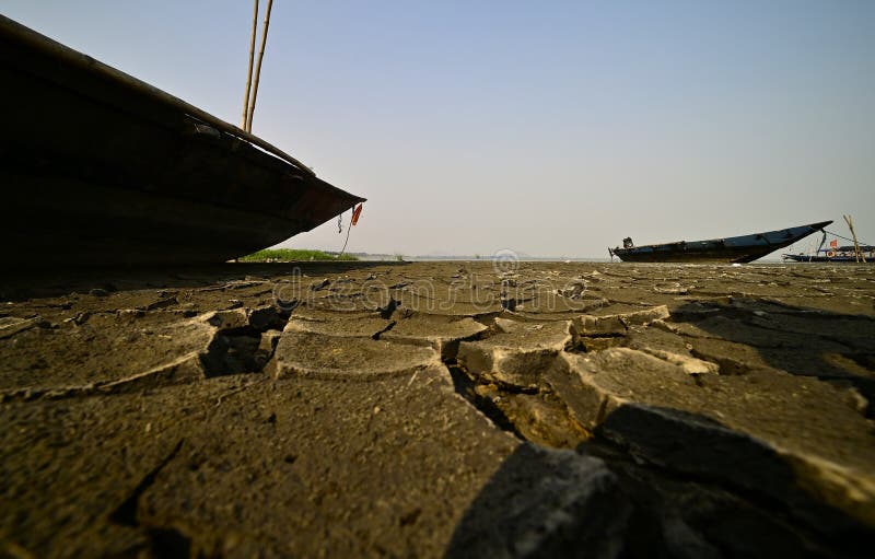 Cracked lake bed of lake Chilika, Odisha, India. stock photo