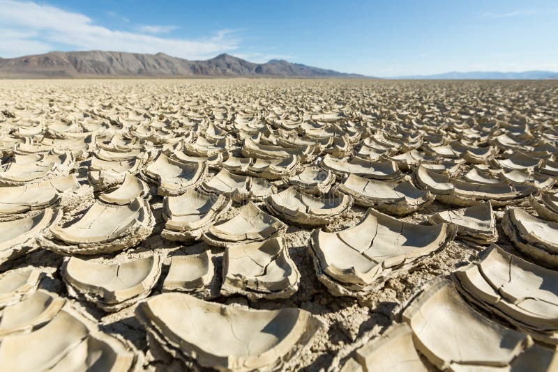 Cracked playa mud texture leading out to the mountains on the Black Rock desert