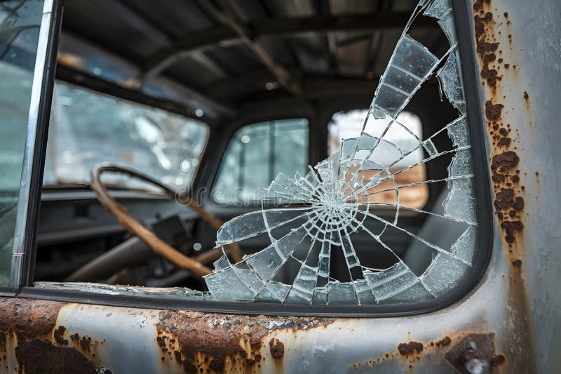 Cracked vehicle window with shattered glass, rusty exterior, blurred interior royalty free illustration