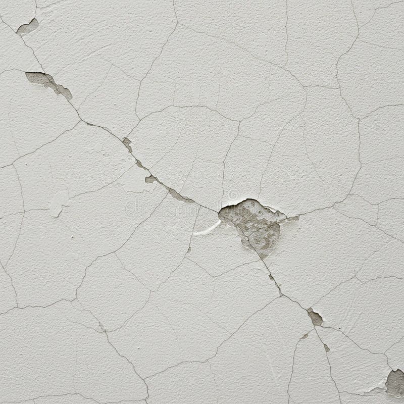 Cracked white plaster wall with visible fissures and chipped areas, revealing the stock illustration