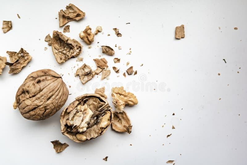 Cracked and whole walnuts on a white background, with a scattered shallow shell, in natural light from the window