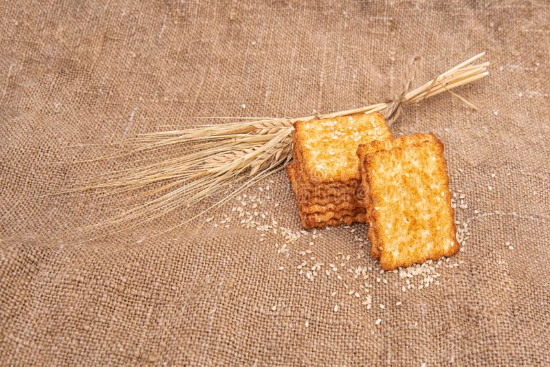 A Cracker or Cookie with Sesame Seeds on a Burlap or Jute Cloth Stock