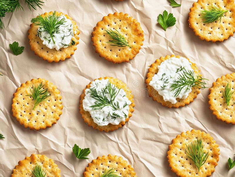 Cracker rotondi croccanti con formaggi di cotone e erbe fresche su fondo di carta leggera illustrazione di stock