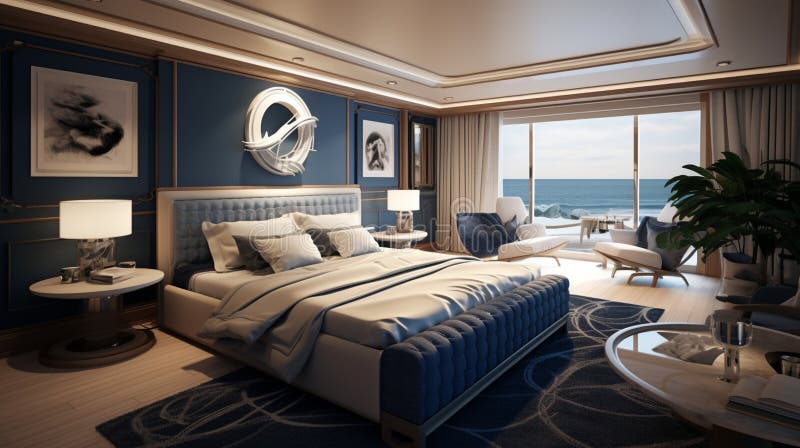 Craft a Nautical-themed Luxury Bedroom with a Yacht-inspired Design, Navy  Blue Accents, and Porthole-style Windows Overlooking the Stock Image -  Image of white, cozy: 293230999