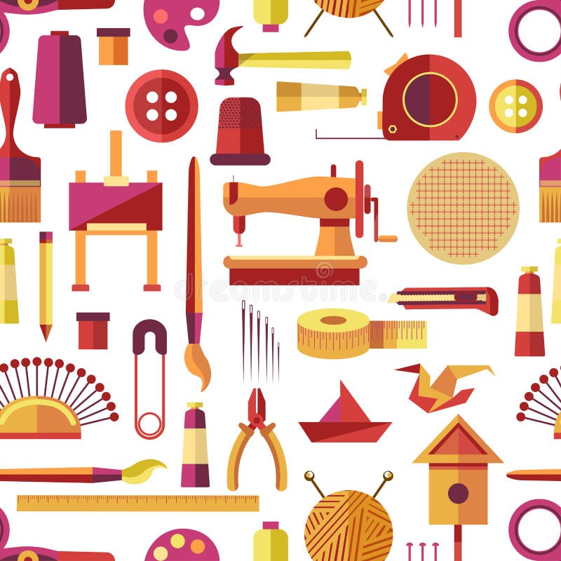 Craft tools and handmade instruments, hobby items vector. Seamless pattern with sewing machine, needles and threads in ball. Knitting and tailoring, painting vector illustration Craft tools and handmade instruments, hobby items vector. Seamless pattern with sewing machine, needles and threads in ball. Knitting and tailoring, painting vector illustration