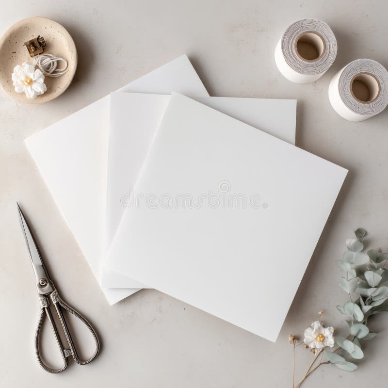 Crafting Essentials: Blank Paper, Scissors, Threads, and Decorative Elements for Creative Projects and Inspirations stock photography