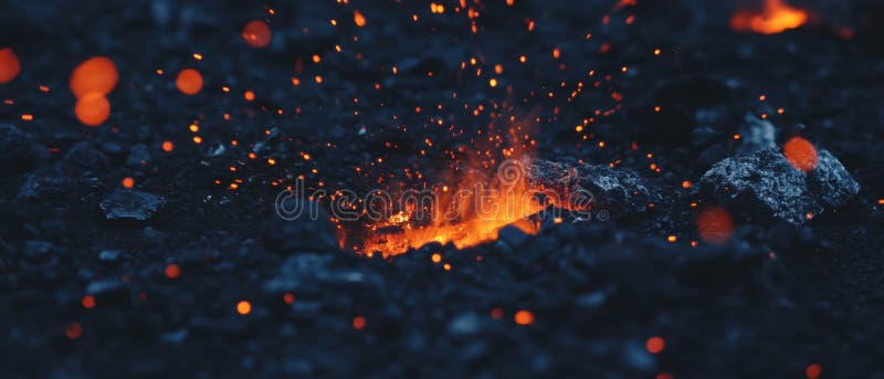 Crafting hot metal in a blacksmith forge with sparks flying against a dark backdrop stock image