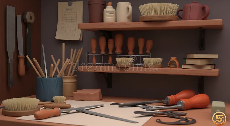 A meticulously detailed 3D rendering of an artisan's workshop, showcasing various tools and materials, generated by AI. The scene includes wood carving tools, brushes, measuring instruments, and other crafting supplies, all arranged on a wooden workbench and shelves. The image evokes a sense of cra. Artists rendering stock images, royalty-free photos and pictures