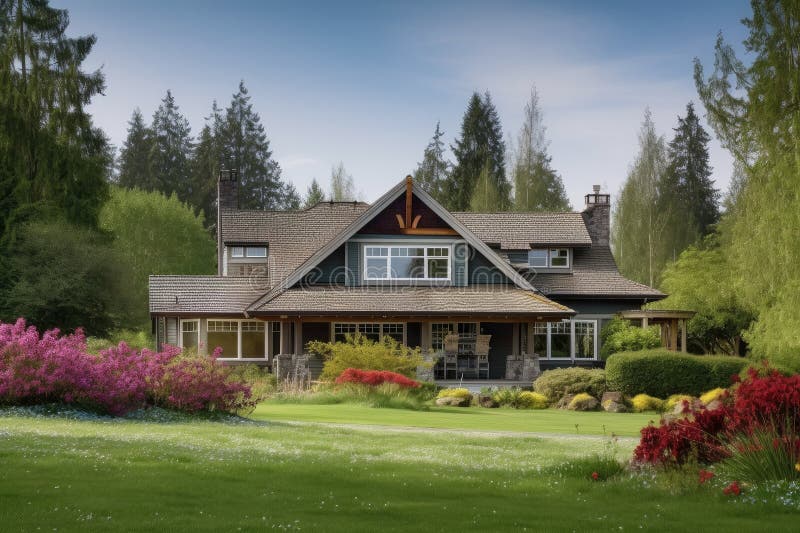 Craftsman House Sitting on Spacious and Serene Landscape Stock
