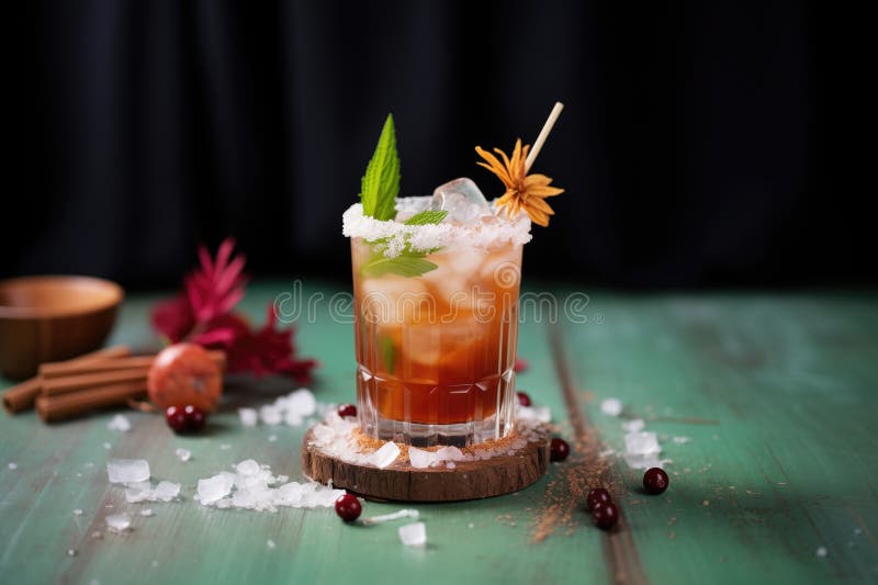 Cranberry iced tea, cranberries floating, ice cubes, mint garnish royalty free illustration