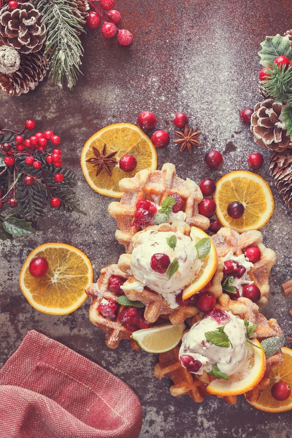 Cranberry waffles with orange ice cream stock photography Cranberry waffles with orange ice cream stock photography