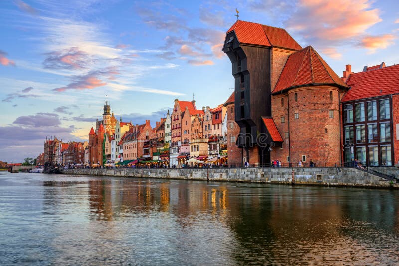 The Crane and gothic old town on sunset, Gdansk, Poland royalty free stock photos The Crane and gothic old town on sunset, Gdansk, Poland royalty free stock photos
