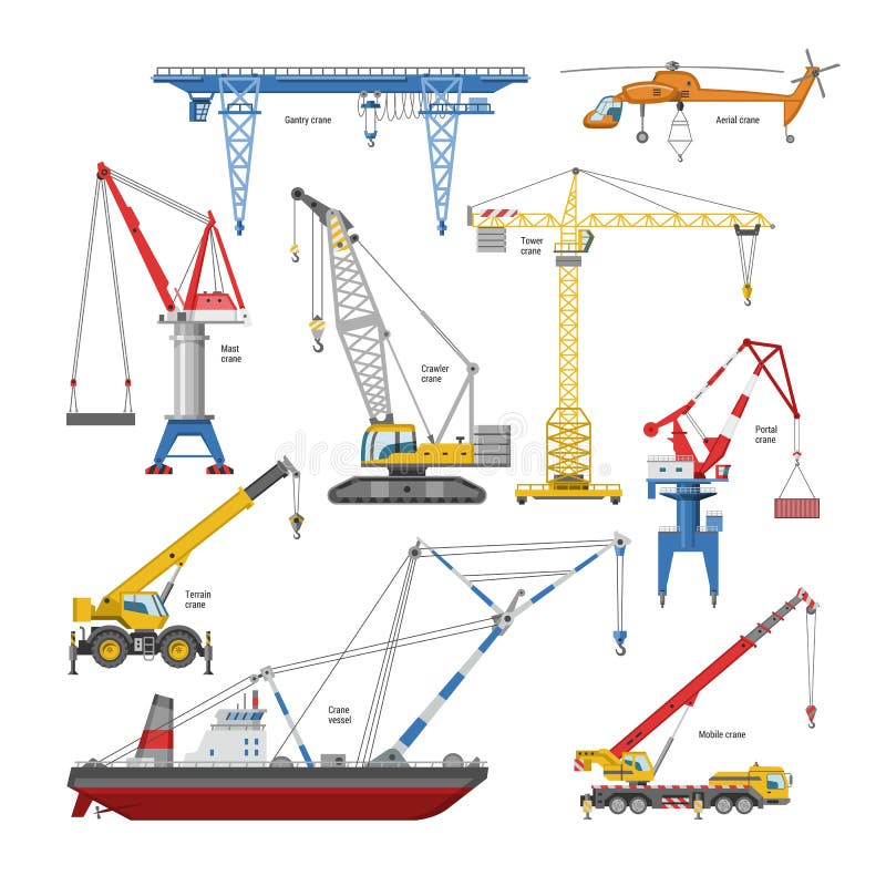 Crane vector tower-crane and industrial building equipment or constructiontechnics illustration set of high gantry or