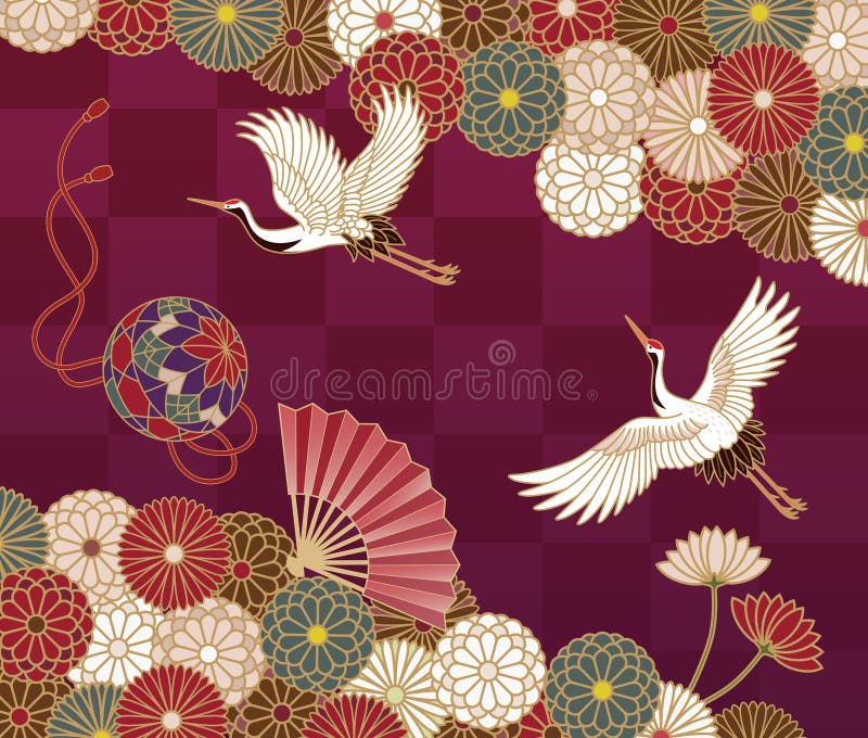 Cranes and chrysanthemums Japanese traditional pattern stock illustration Cranes and chrysanthemums Japanese traditional pattern stock illustration
