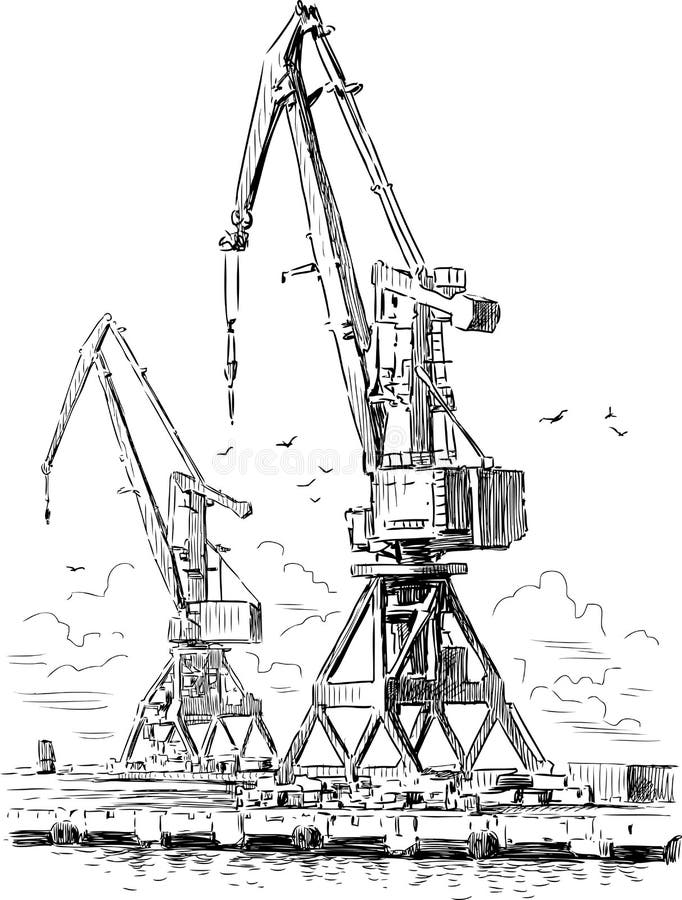 Cranes in the industrial port stock illustration Cranes in the industrial port stock illustration