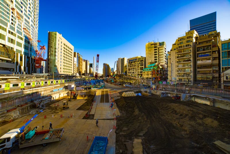 Cranes at the Under Construction in Shibuya Tokyo Wide Shot Editorial ...