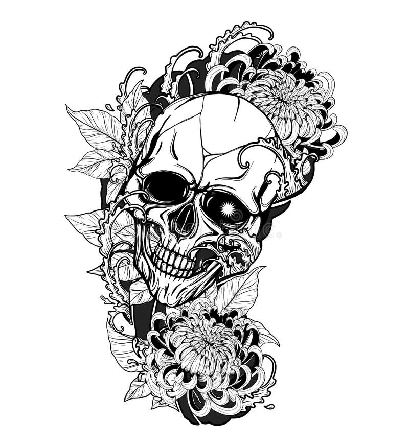Cranio con il tatuaggio del crisantemo che disegna a mano royalty illustrazione gratis Cranio con il tatuaggio del crisantemo che disegna a mano royalty illustrazione gratis