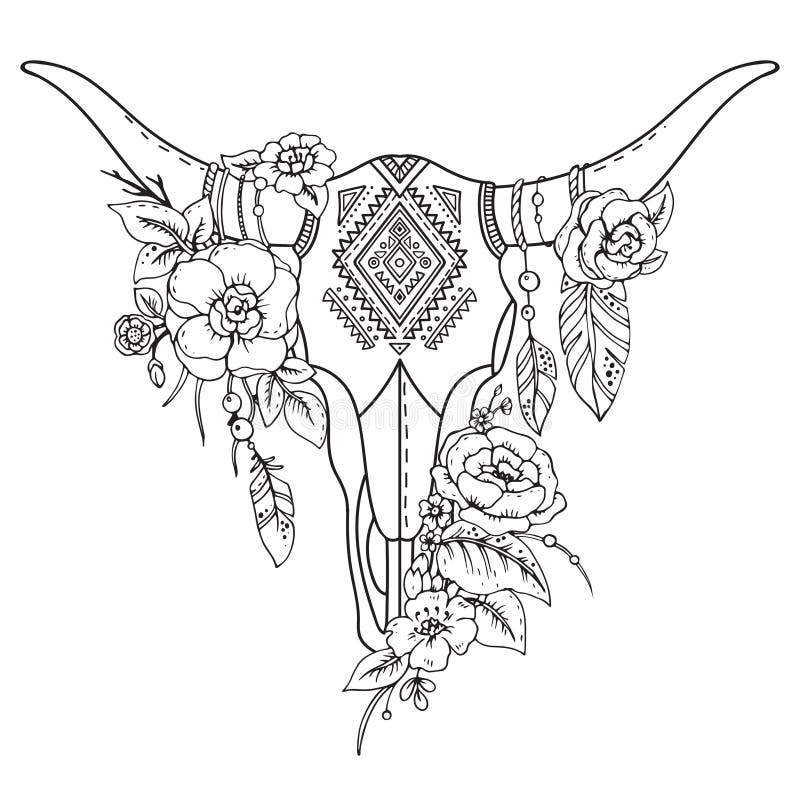 Cranio indiano decorativo del toro con l'ornamento, i fiori ed il le etnici