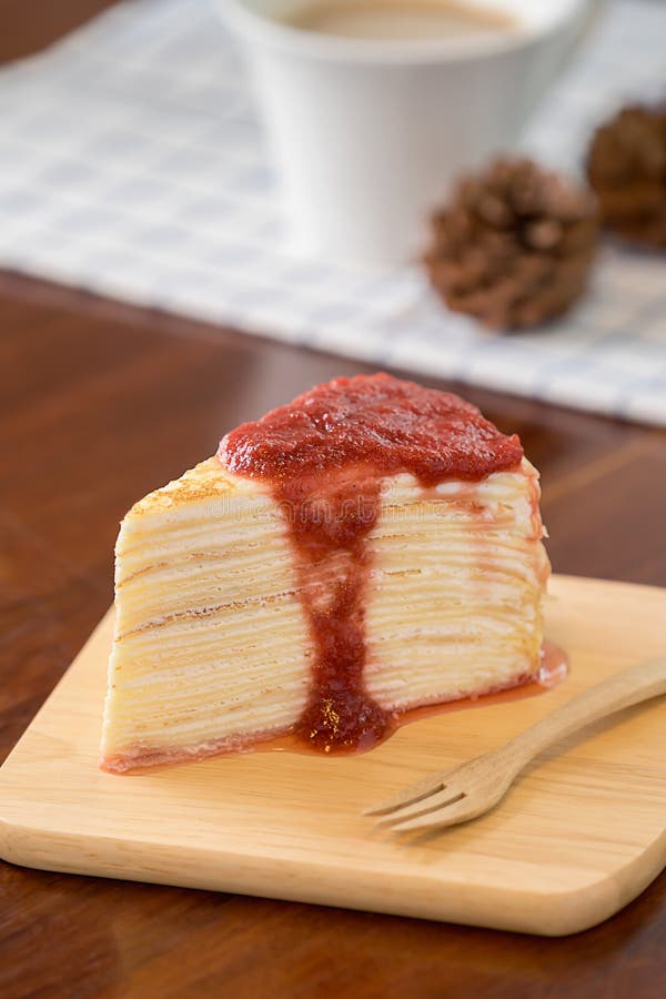 Crape Cake Topping with Strawberry Sauce. Stock Photo Image of
