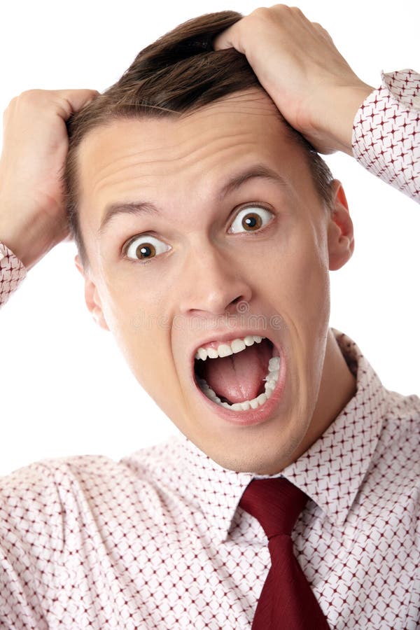 A businessman in trouble screaming on white background. A businessman in trouble screaming on white background