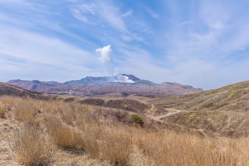 Crater of Mount Naka or Aso Mountain is the Largest Active Volcano in