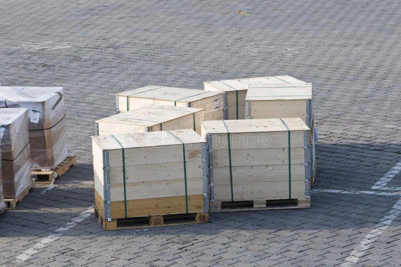 Crates on the ground of the airport royalty free stock photo