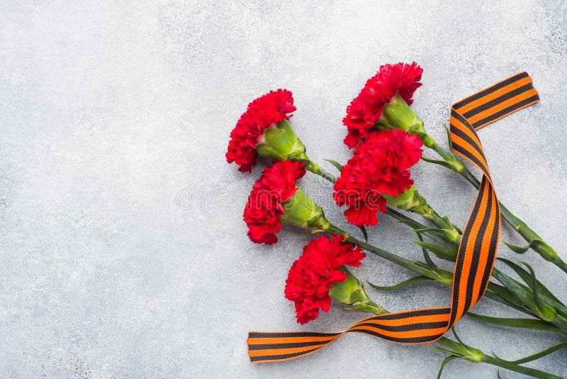 Red carnations and St. George ribbon on a concrete background. Symbol may 9, victory day. Copy space,. Red carnations and St. George ribbon on a concrete background. Symbol may 9, victory day. Copy space,