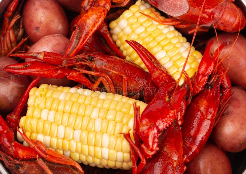 A Crawfish Boil with Corn on the Cob and Potatoes Stock Image Image